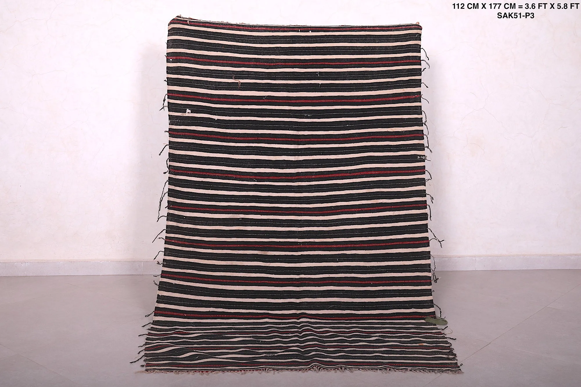 Handwoven Kilim 3.6 x 5.8 Feet – Black, Red, and Beige Striped Rug