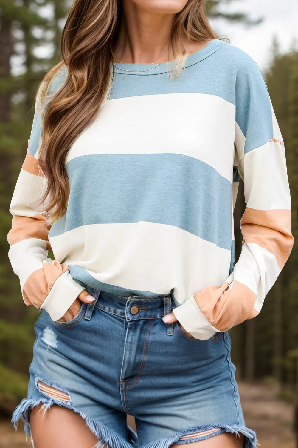 Hazel Blues® |  Contrast Color Block Round Neck Long Sleeve Top