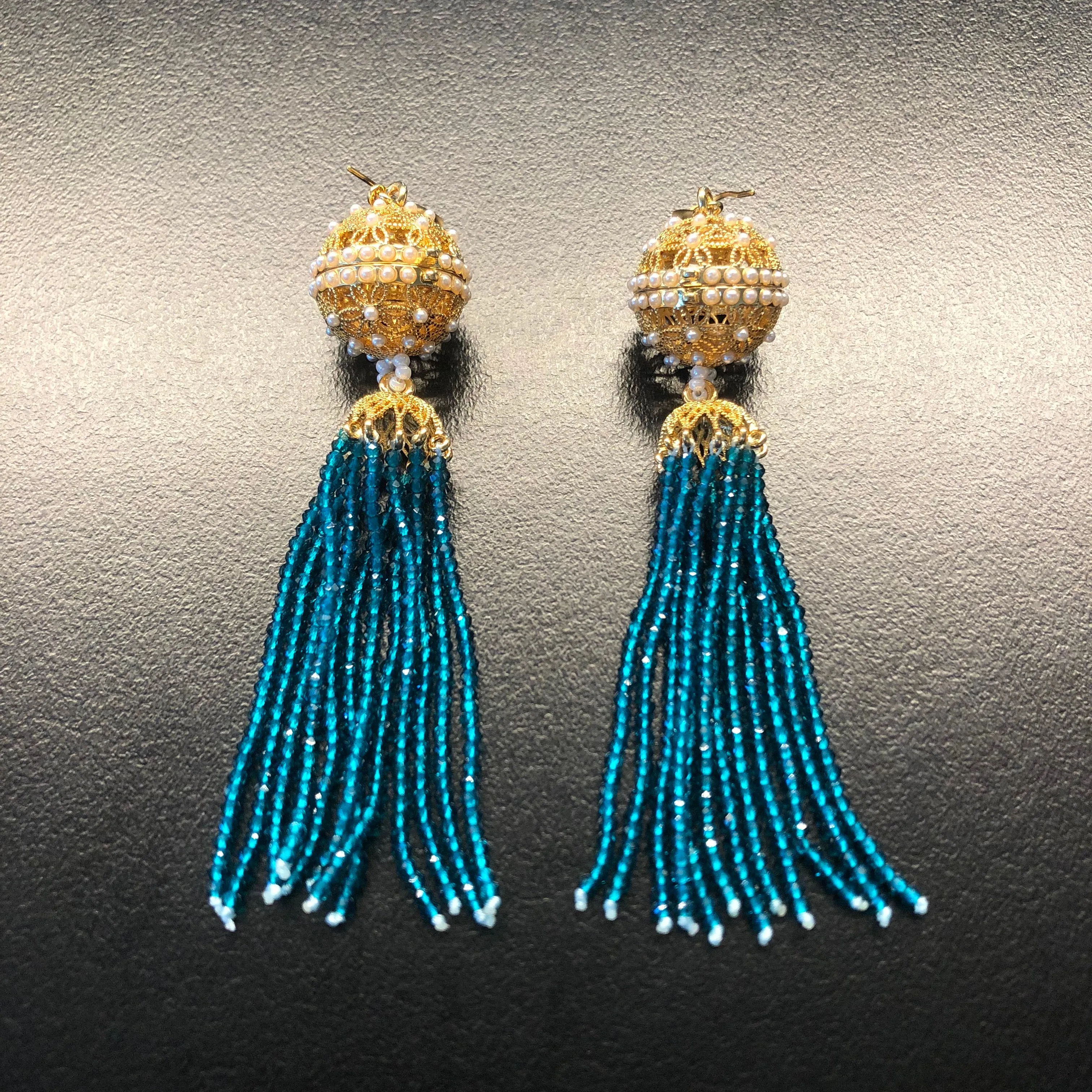 Herbal Locket Crystal Tassel Earrings - Peacock Blue Zirconia