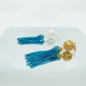 Herbal Locket Crystal Tassel Earrings - Peacock Blue Zirconia