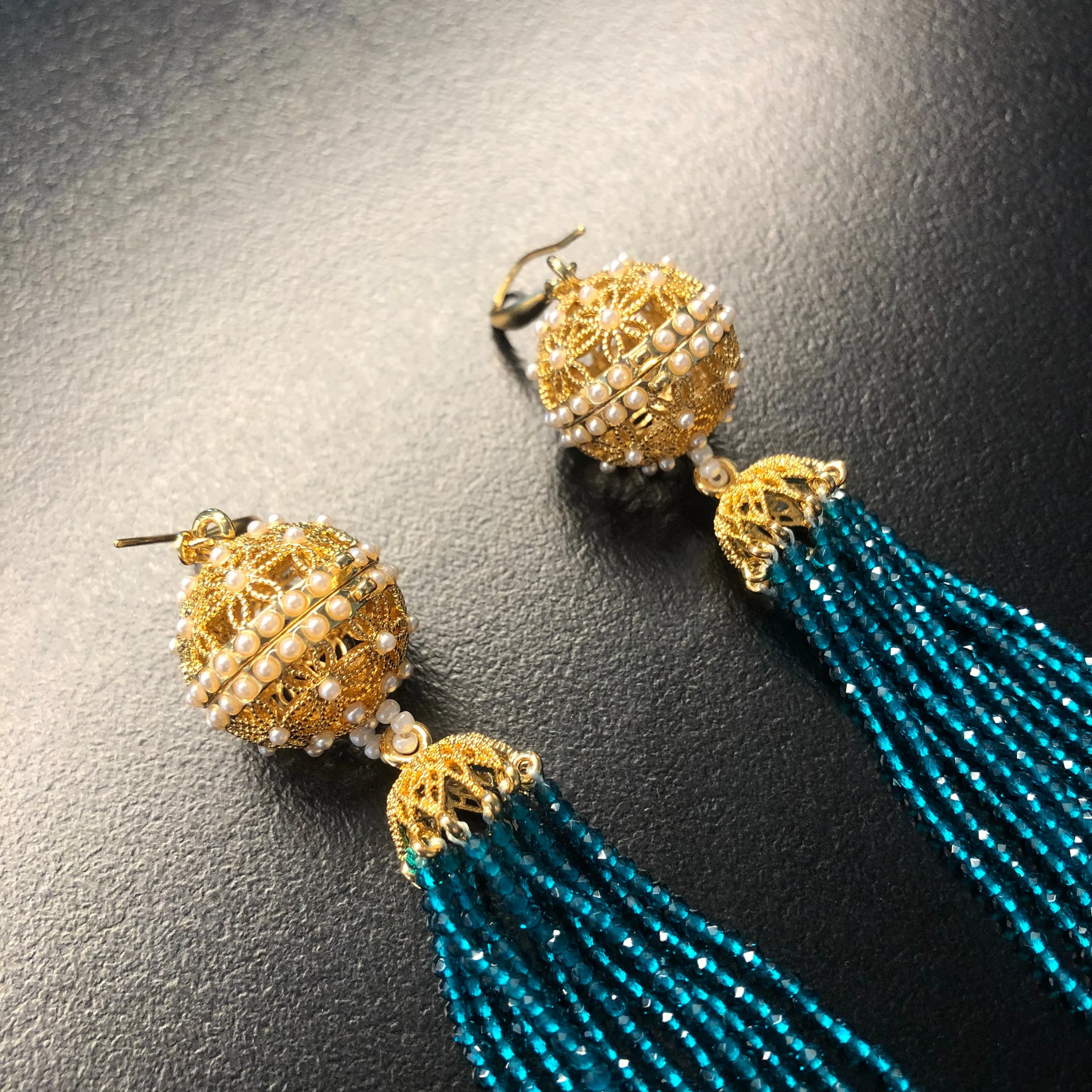Herbal Locket Crystal Tassel Earrings - Peacock Blue Zirconia