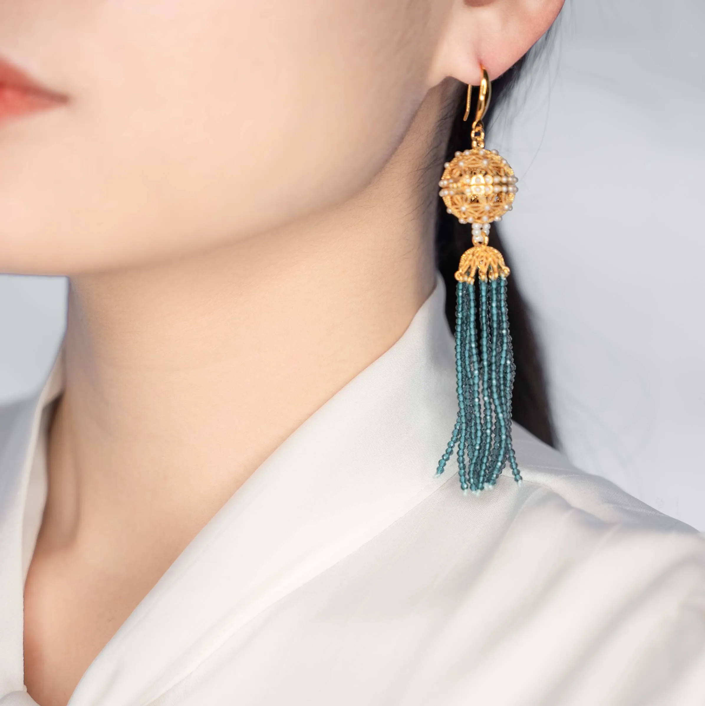 Herbal Locket Crystal Tassel Earrings - Peacock Blue Zirconia