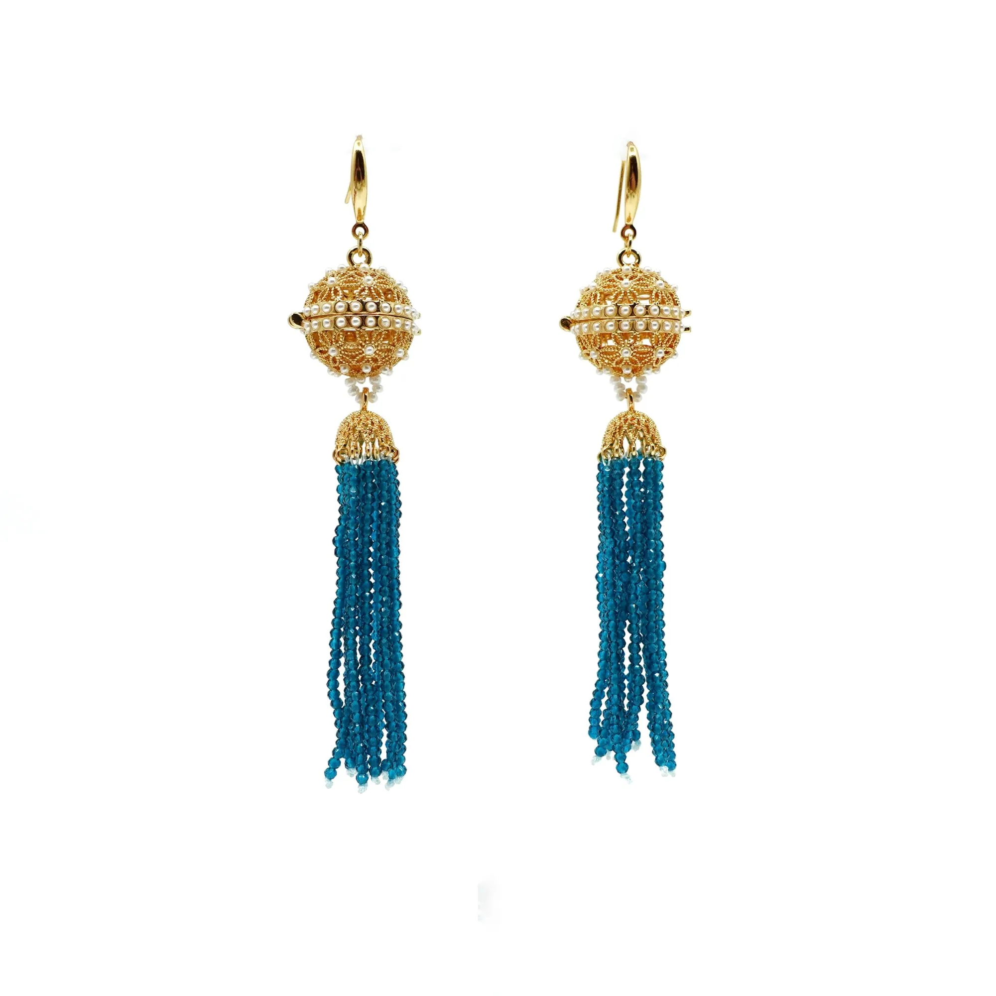 Herbal Locket Crystal Tassel Earrings - Peacock Blue Zirconia