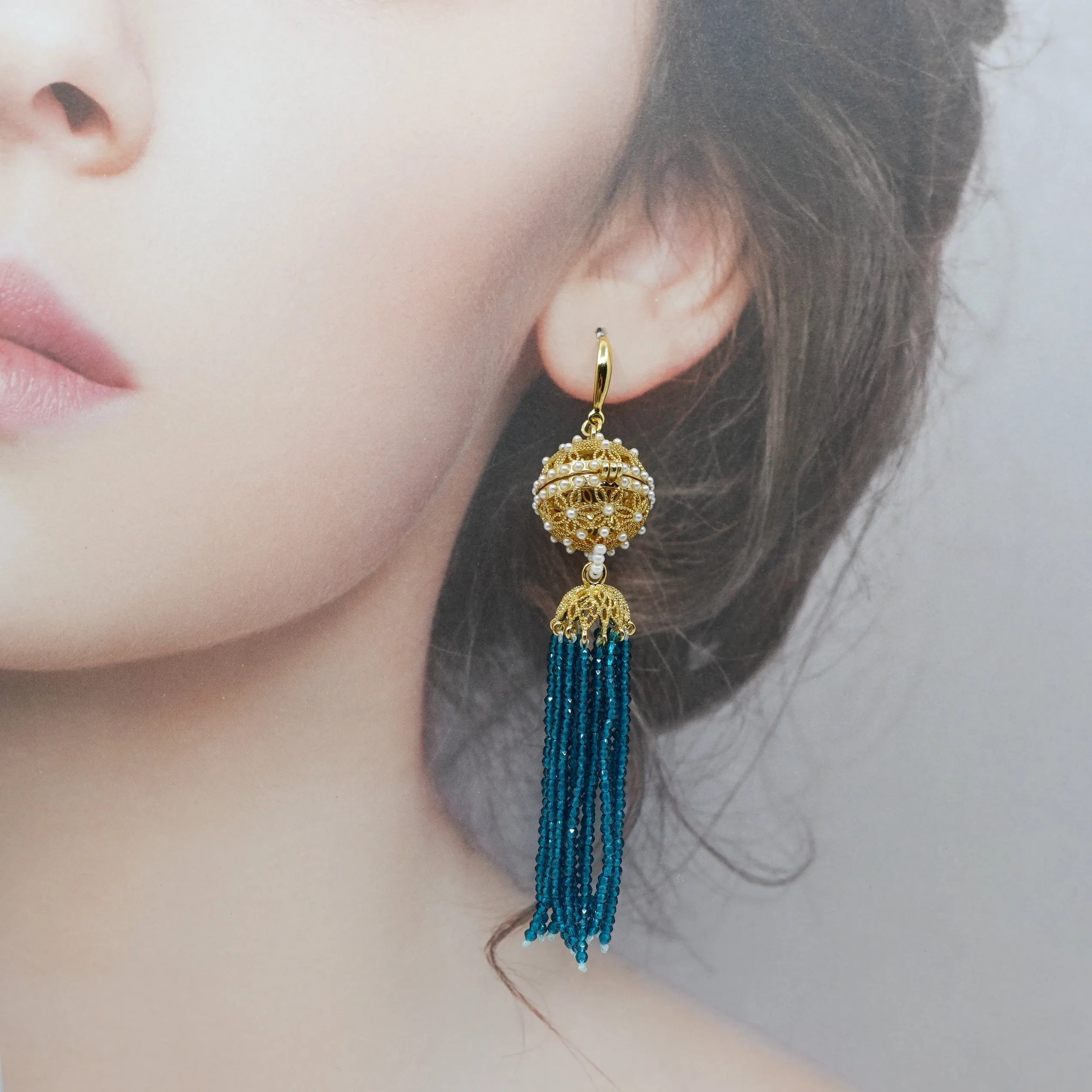 Herbal Locket Crystal Tassel Earrings - Peacock Blue Zirconia
