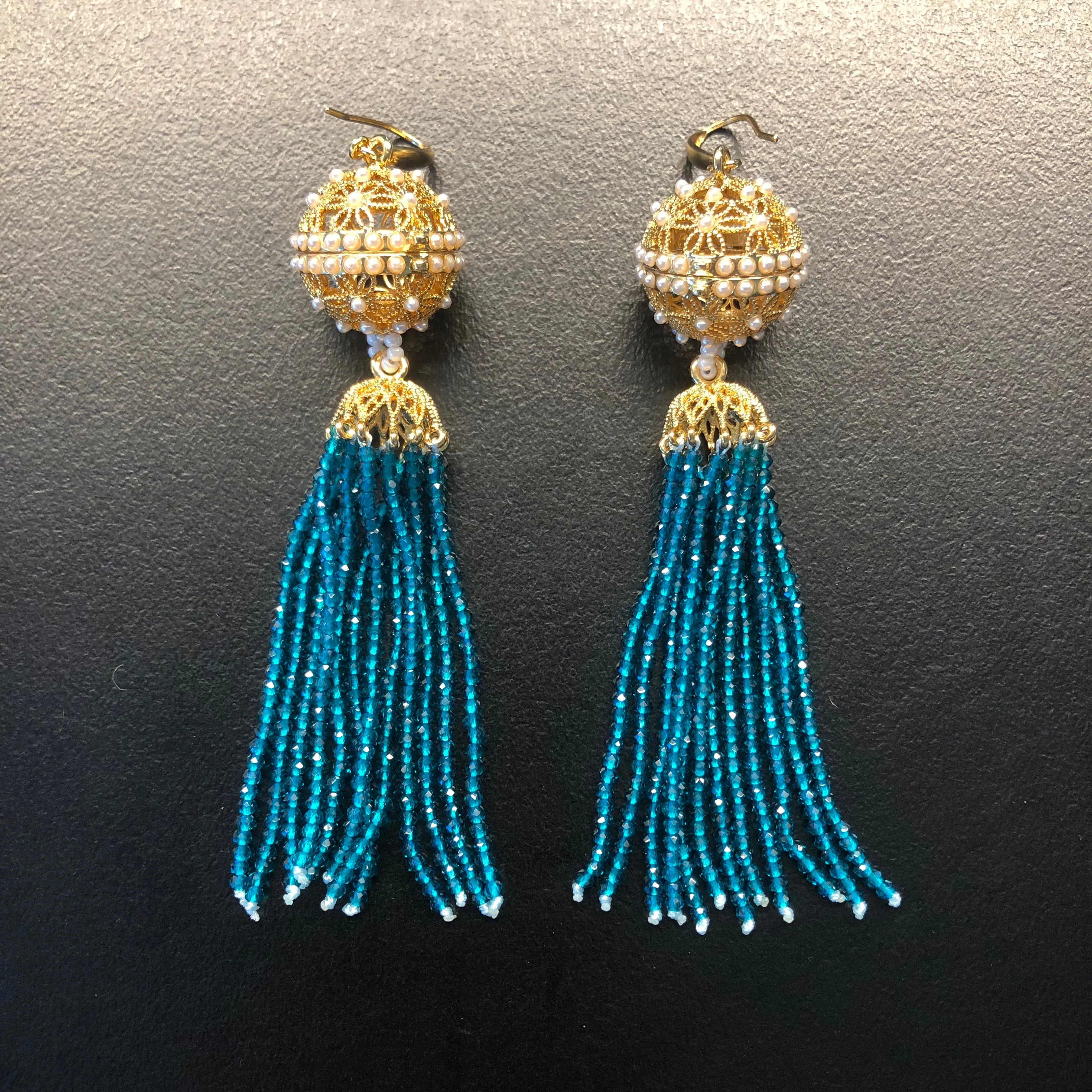 Herbal Locket Crystal Tassel Earrings - Peacock Blue Zirconia