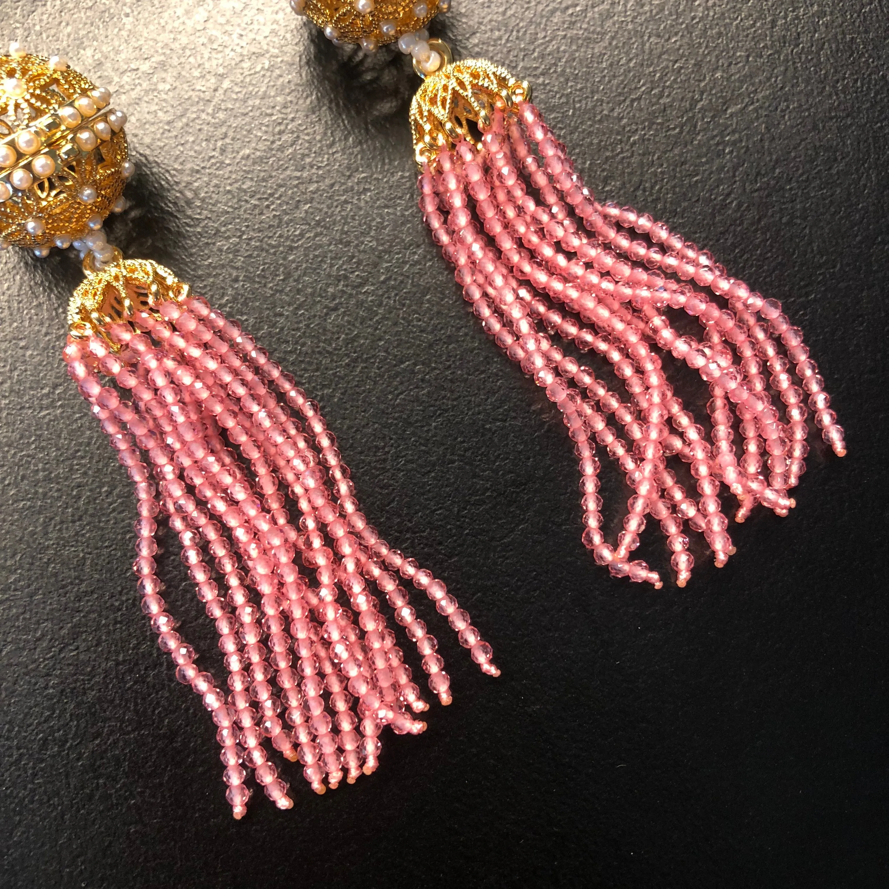 Herbal Locket Crystal Tassel Earrings - Pink Zirconia