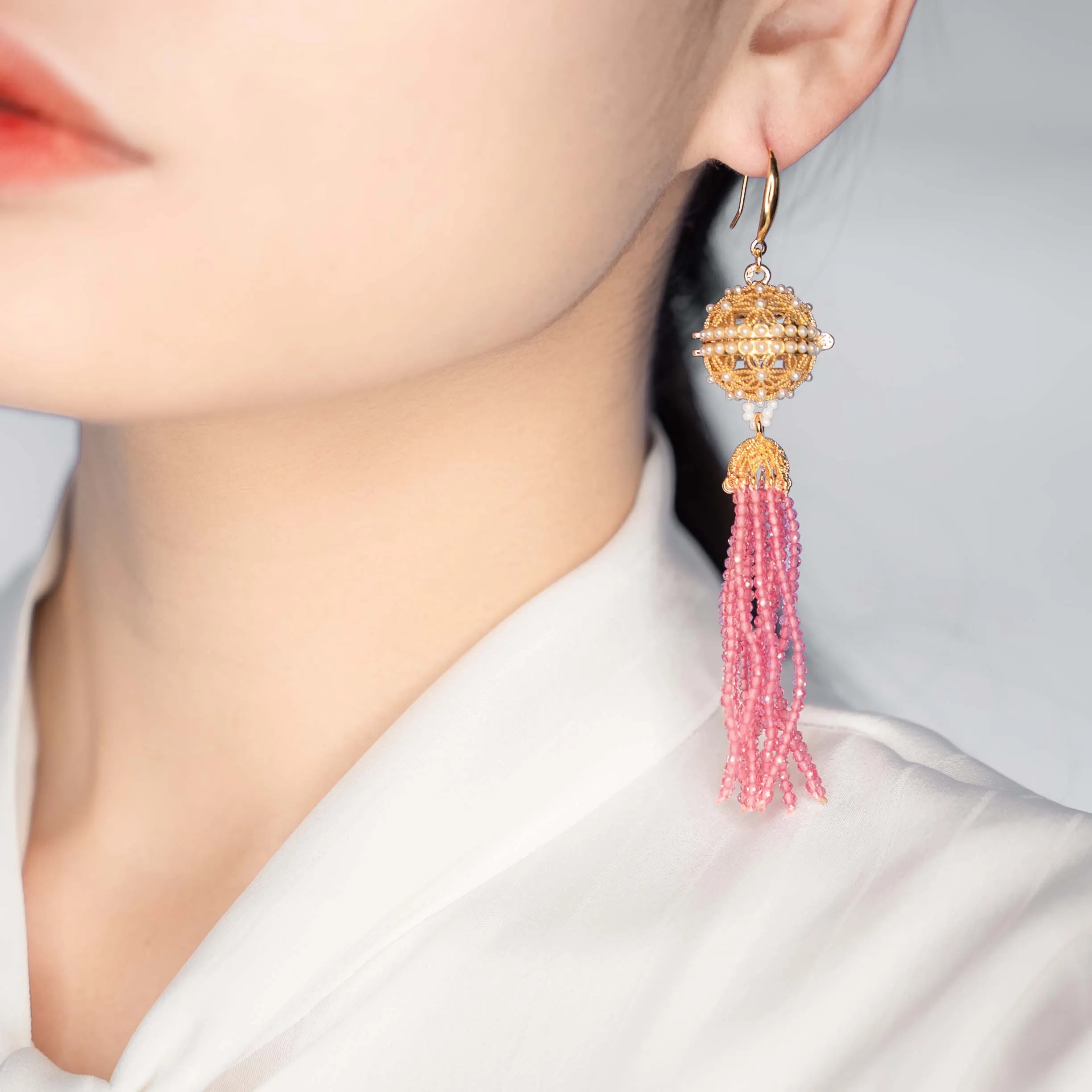 Herbal Locket Crystal Tassel Earrings - Pink Zirconia