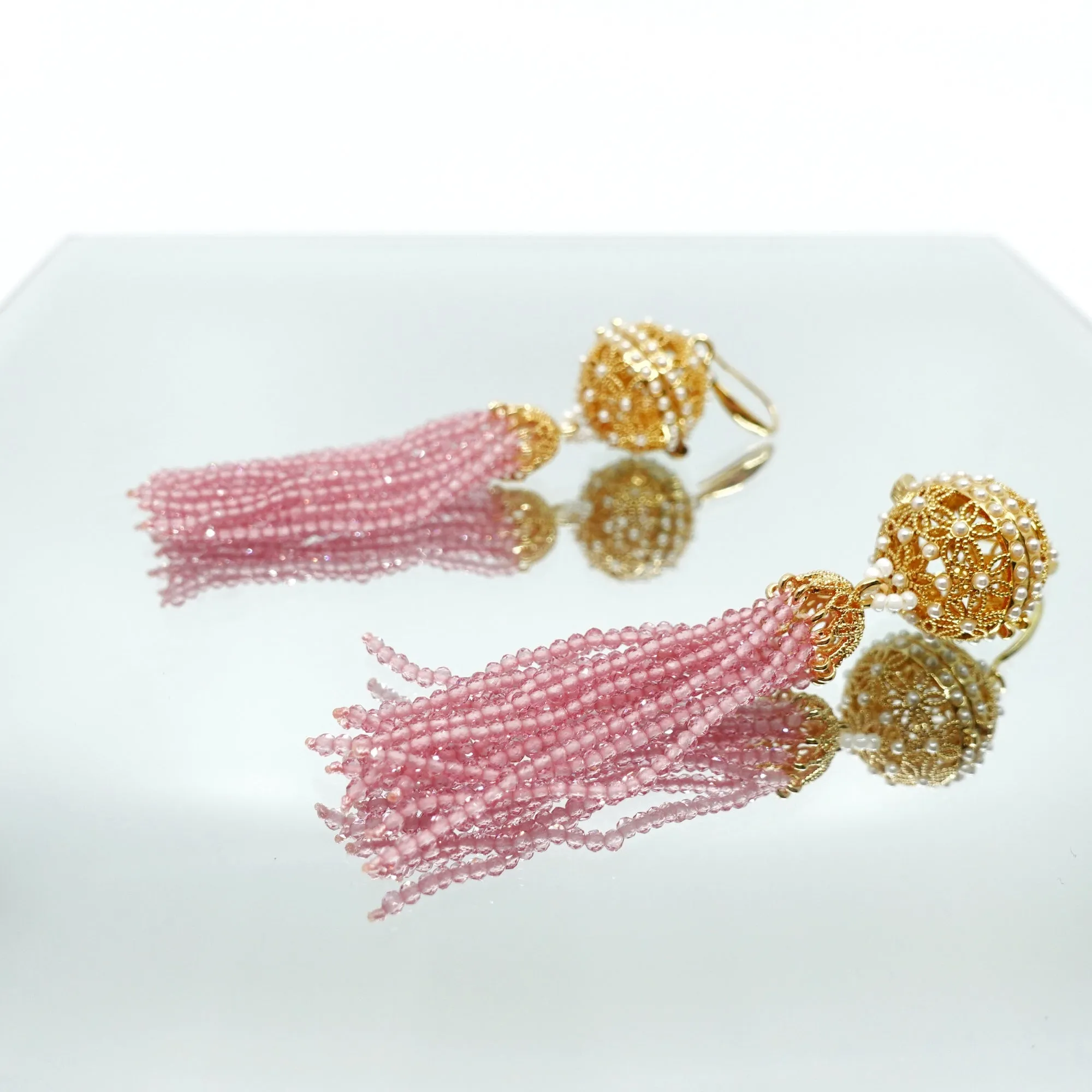 Herbal Locket Crystal Tassel Earrings - Pink Zirconia