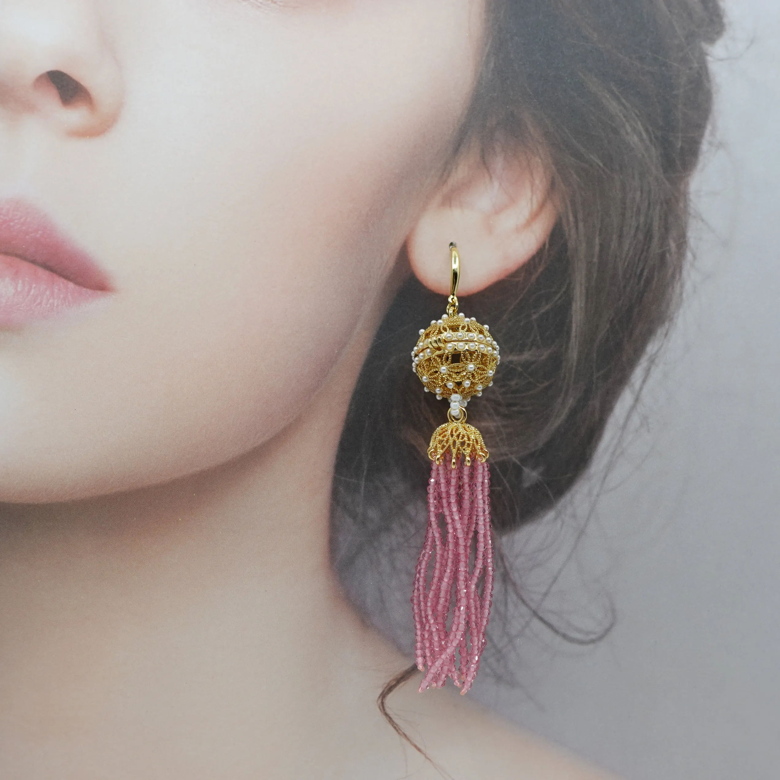 Herbal Locket Crystal Tassel Earrings - Pink Zirconia