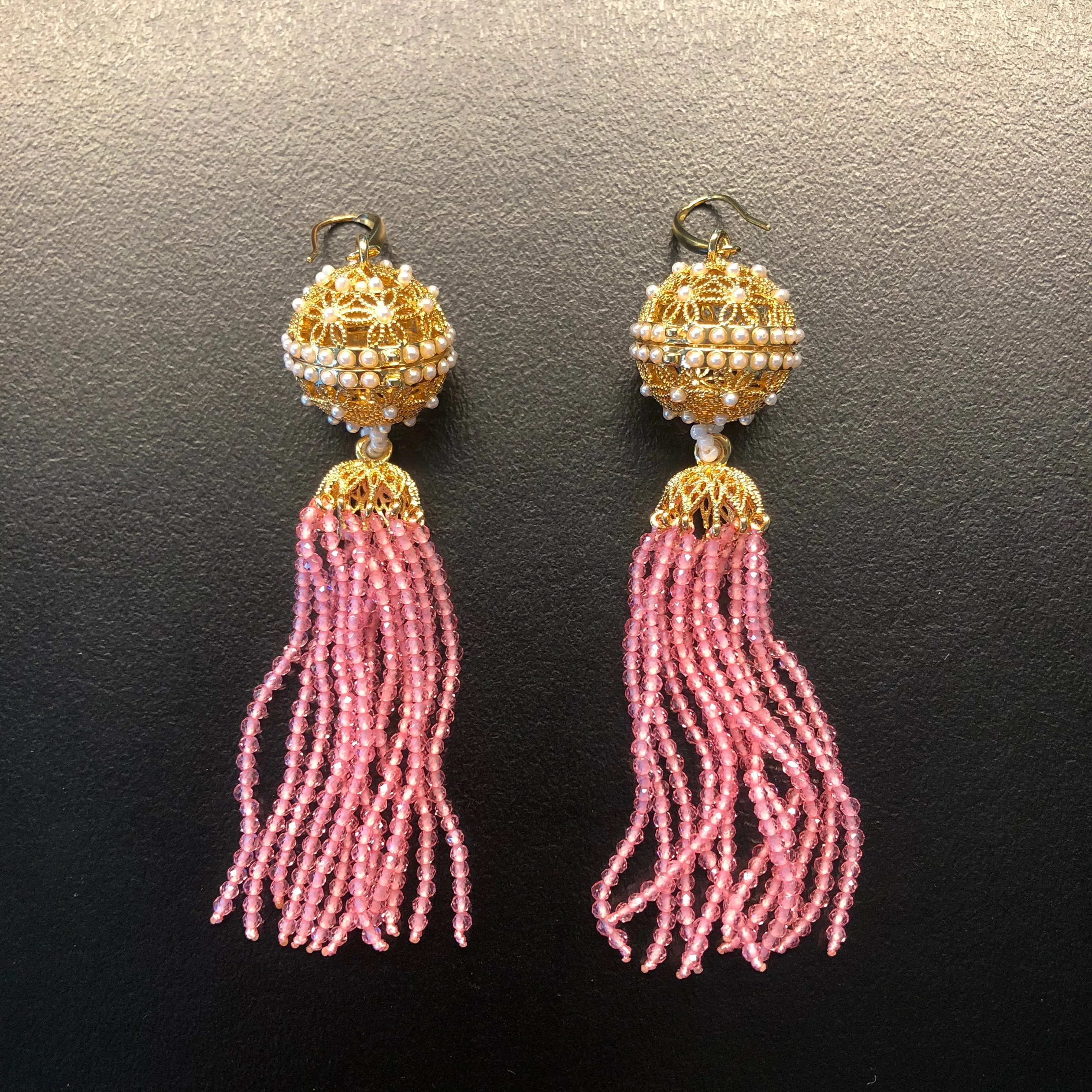 Herbal Locket Crystal Tassel Earrings - Pink Zirconia