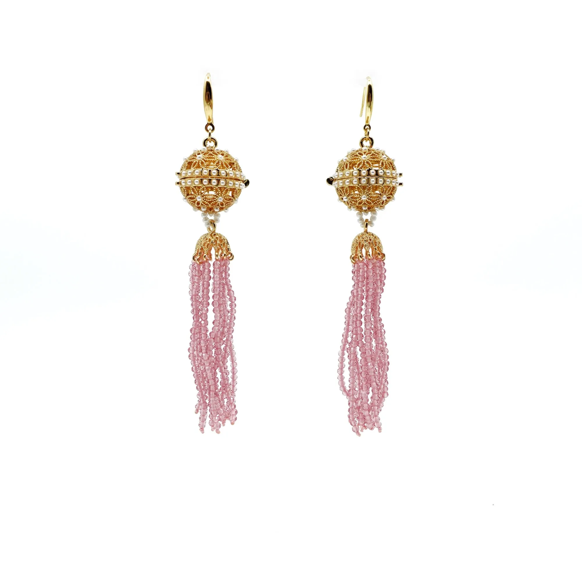Herbal Locket Crystal Tassel Earrings - Pink Zirconia