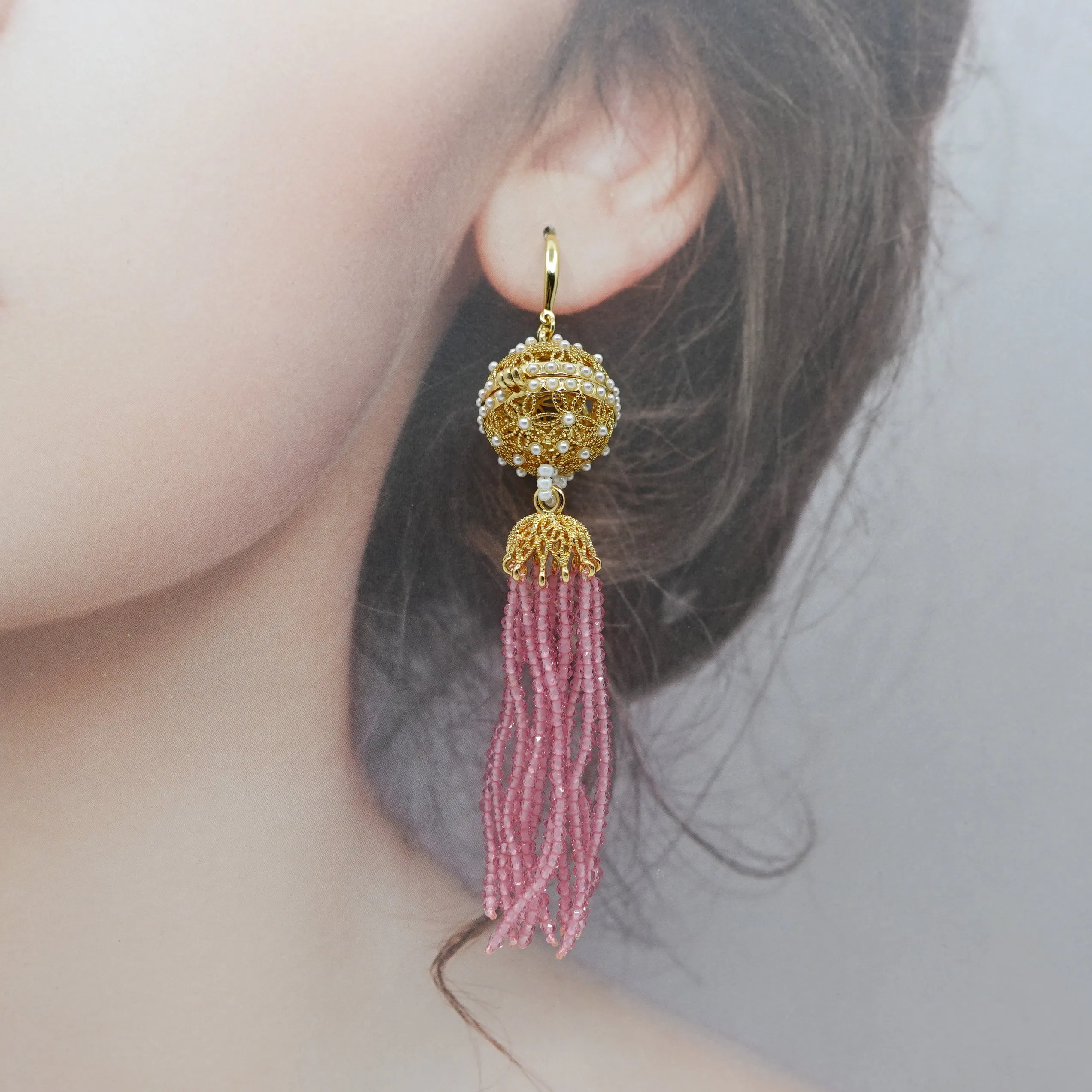 Herbal Locket Crystal Tassel Earrings - Pink Zirconia