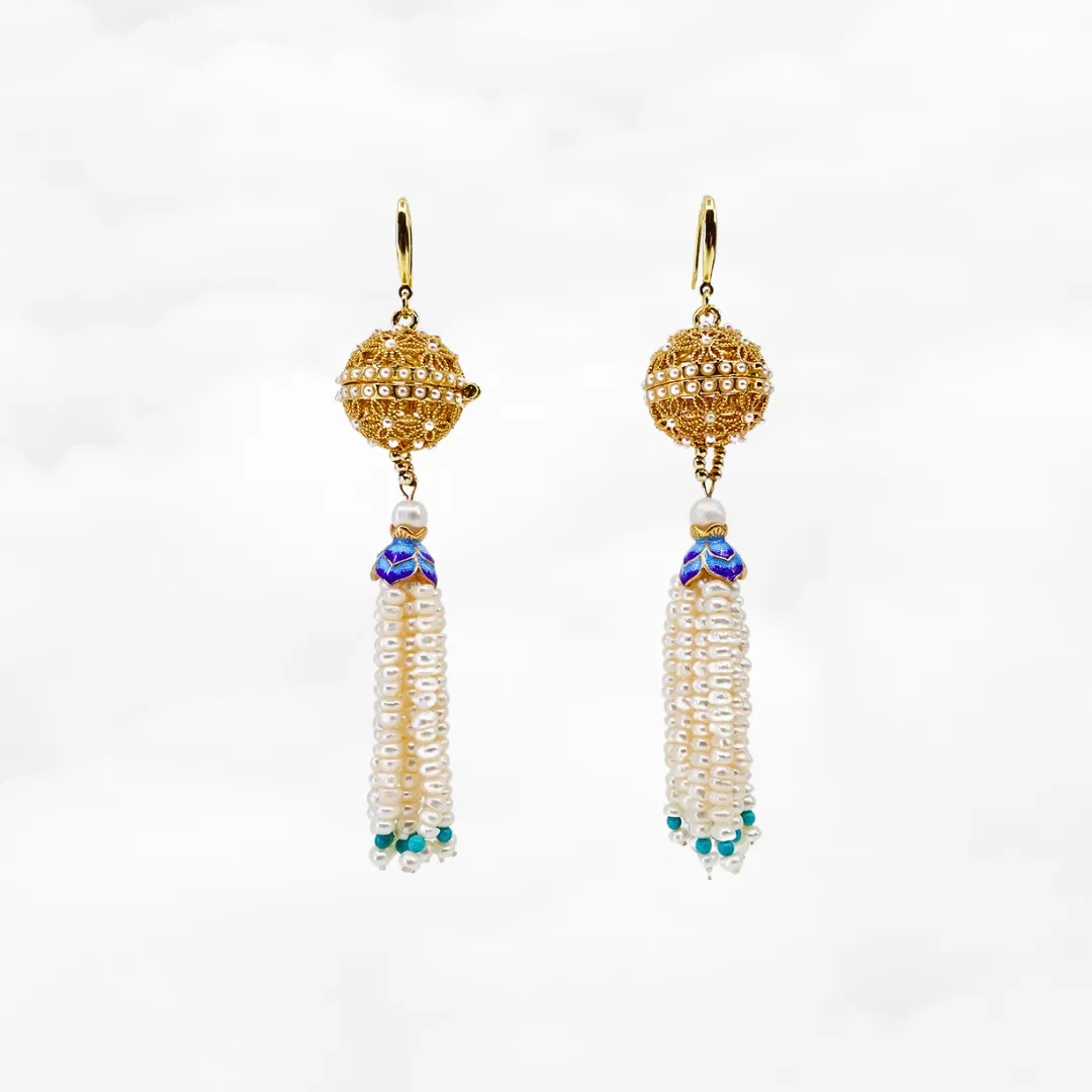 Herbal Locket Gemstone Tassel Earrings - Pearl