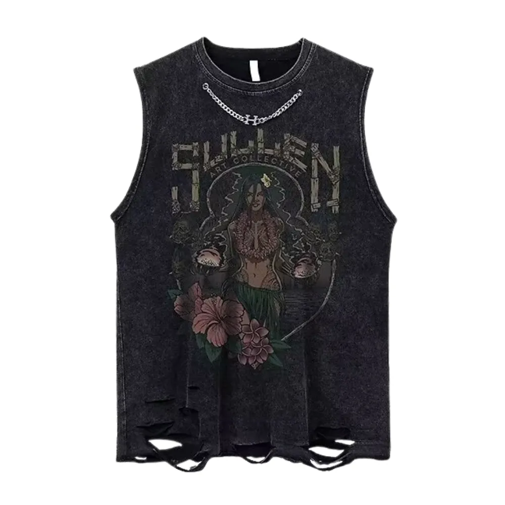 Hip Hop Bold Graphic Print Washed Vest