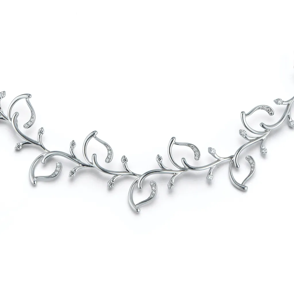 Leaf Diamond and White Gold Link Necklace
