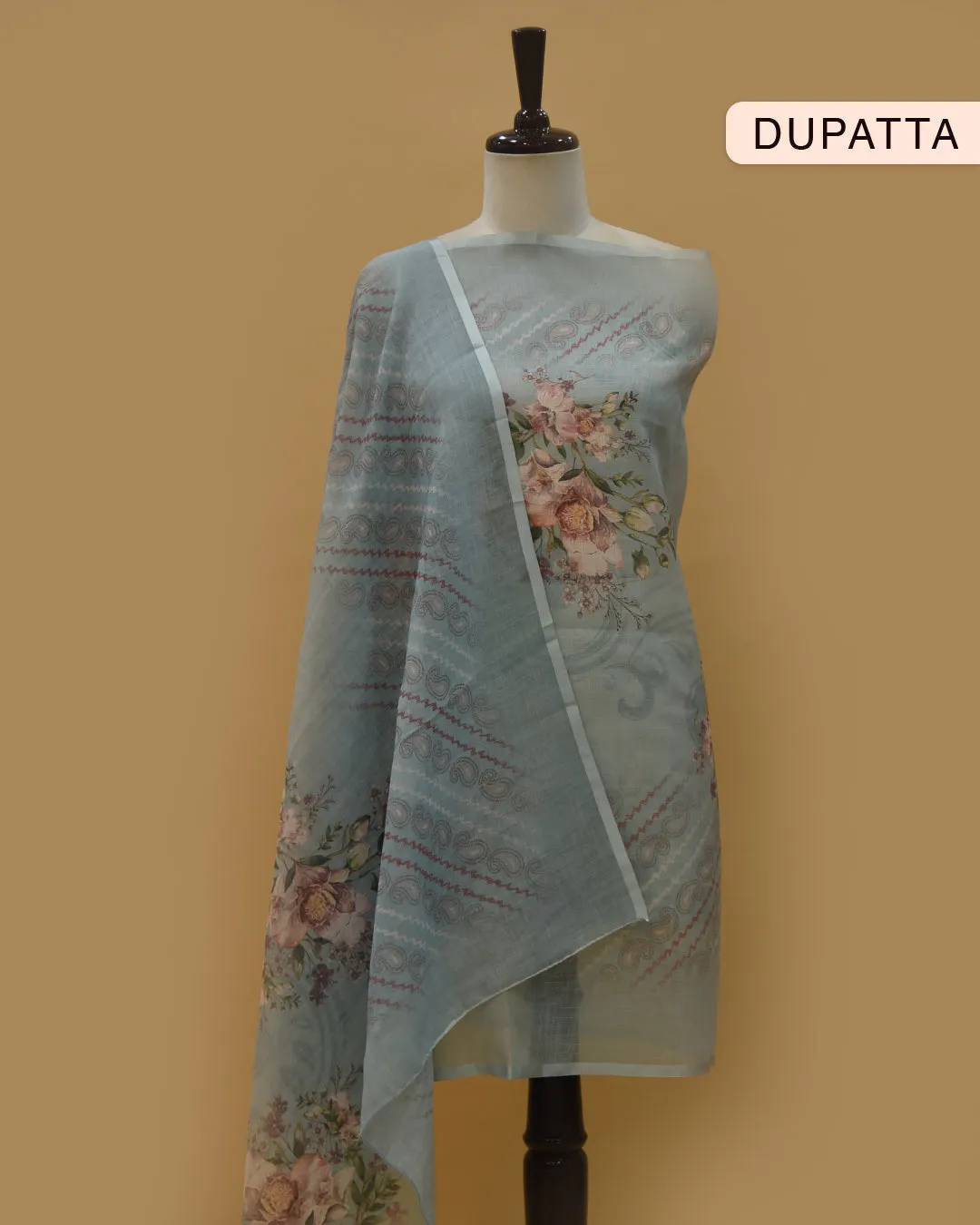Light Blue Linen Blend Printed With Embroidery Unstitched Suit Fabric Set With Linen Dupatta
