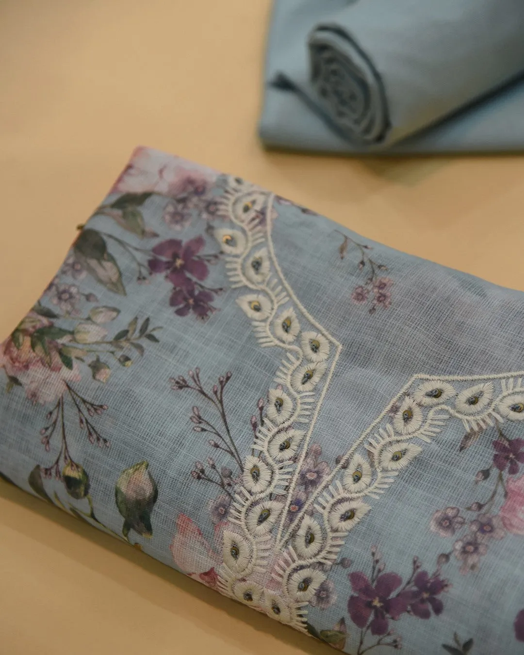 Light Blue Linen Blend Printed With Embroidery Unstitched Suit Fabric Set With Linen Dupatta