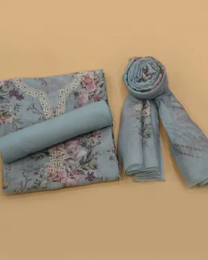 Light Blue Linen Blend Printed With Embroidery Unstitched Suit Fabric Set With Linen Dupatta