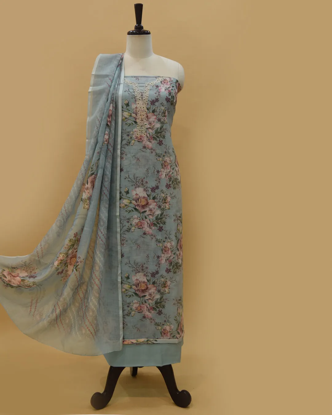 Light Blue Linen Blend Printed With Embroidery Unstitched Suit Fabric Set With Linen Dupatta