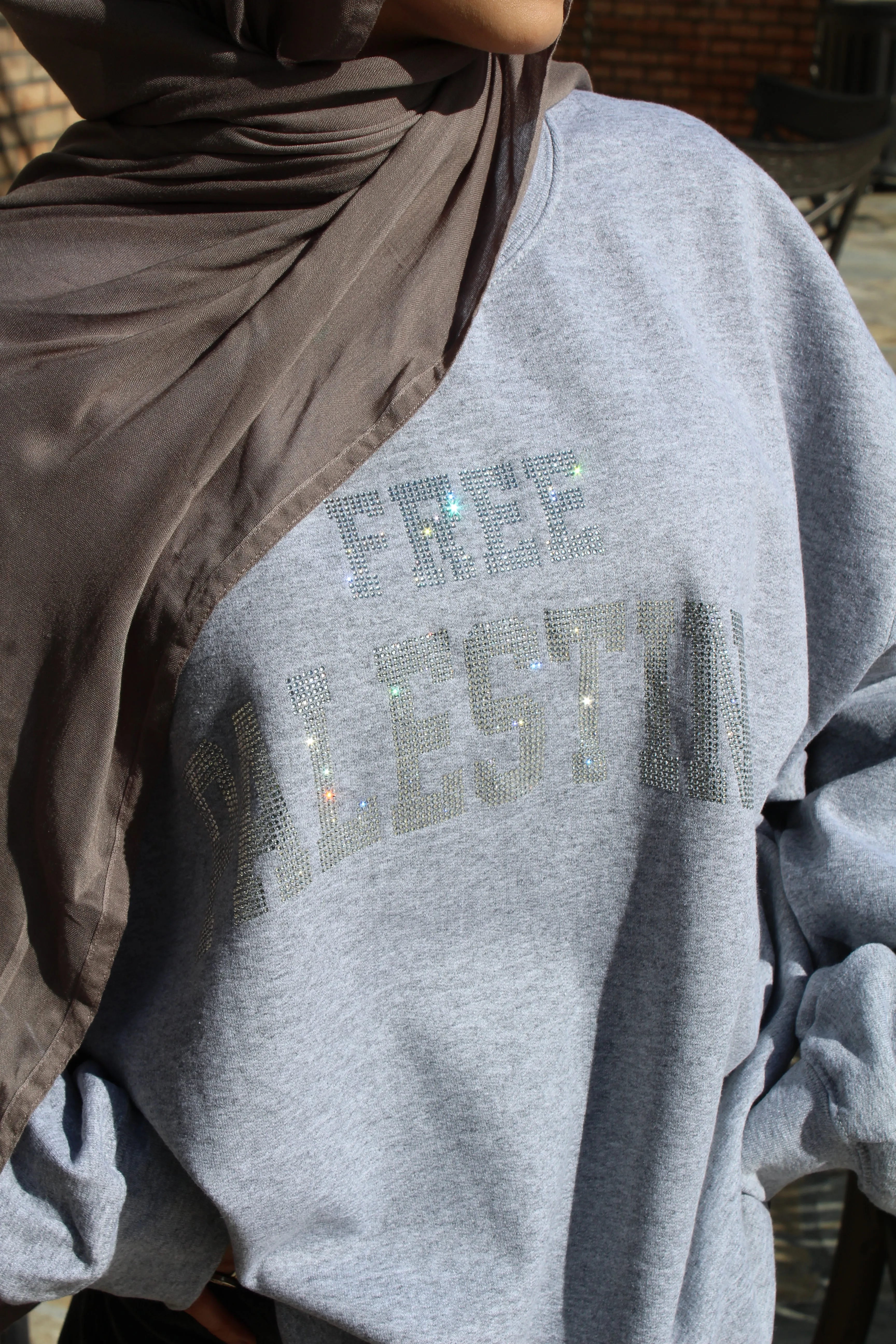 Light Gray Rhinestone Palestine Sweater