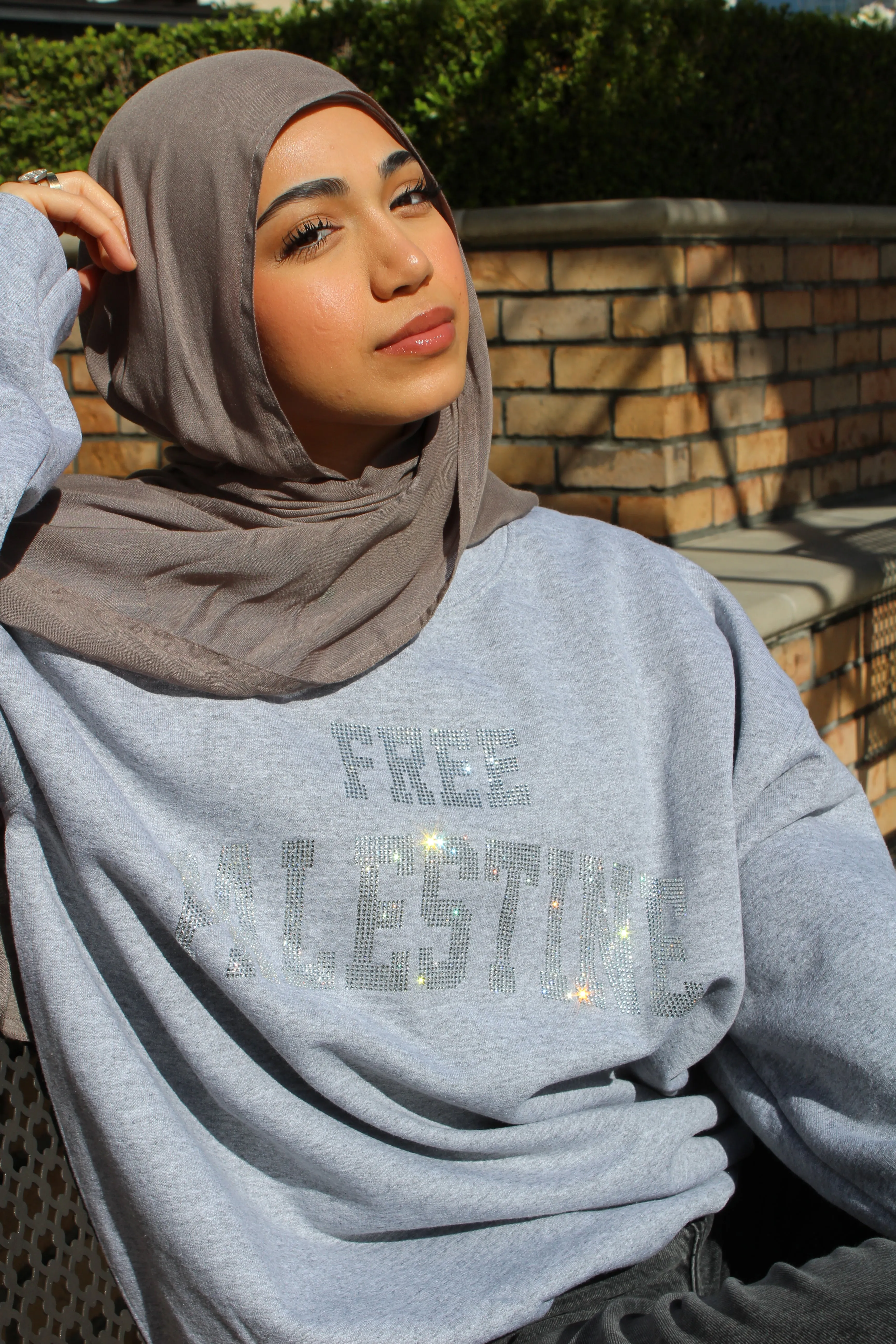 Light Gray Rhinestone Palestine Sweater