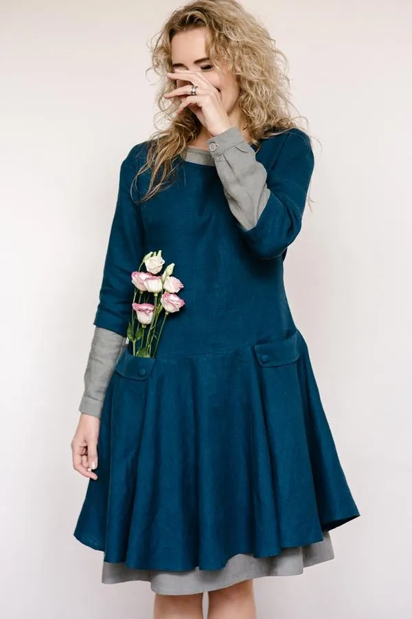Light-Trapeze Cut Linen Double Dress (2in1)
