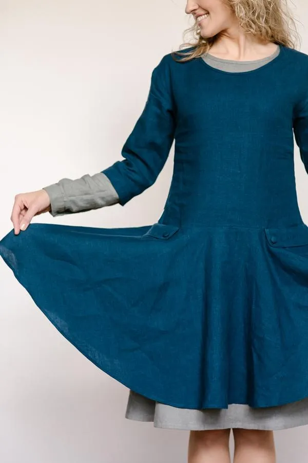 Light-Trapeze Cut Linen Double Dress (2in1)