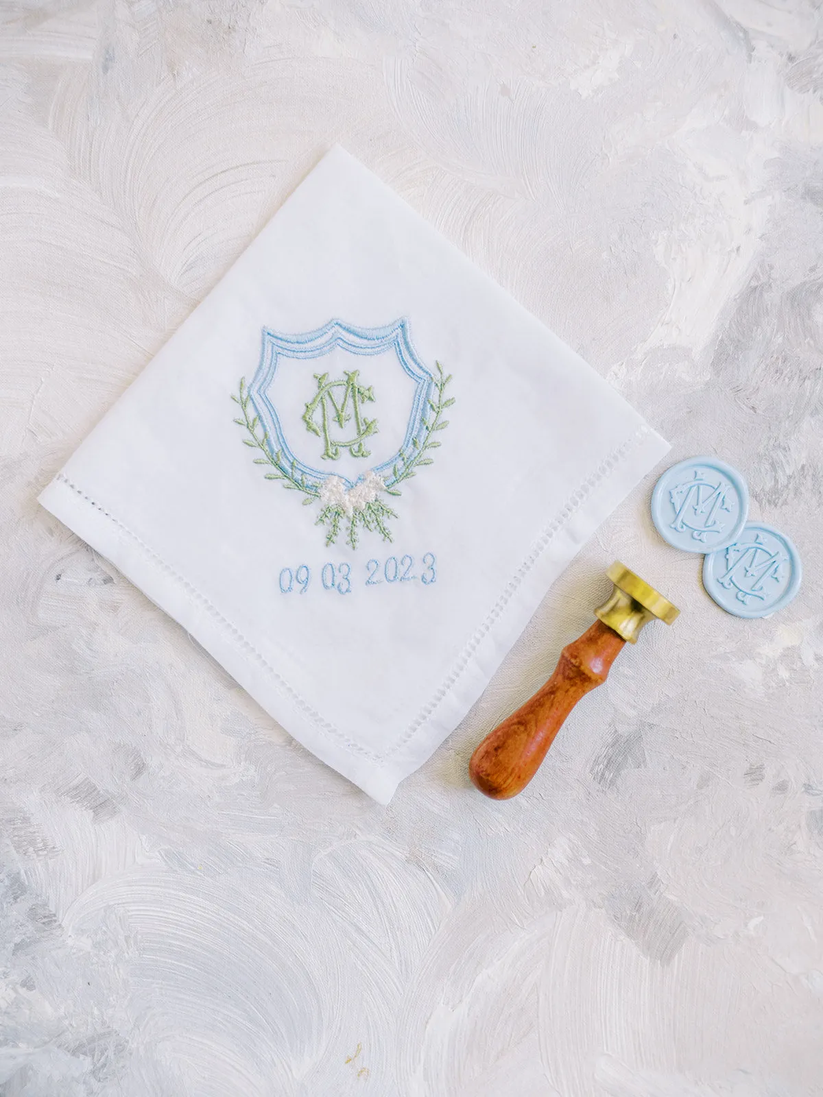 Linen Hemstitched Handkerchief with Custom Crest