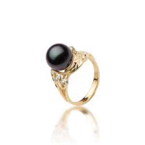 Maile Tahitian Black Pearl Ring in Gold with Diamonds - 9-10mm