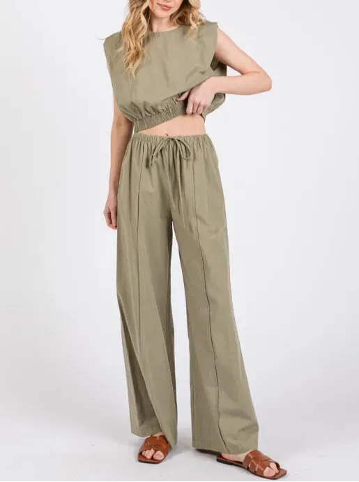 Meadow Bliss Linen Short Sleeve and Wide Leg Set in Sage