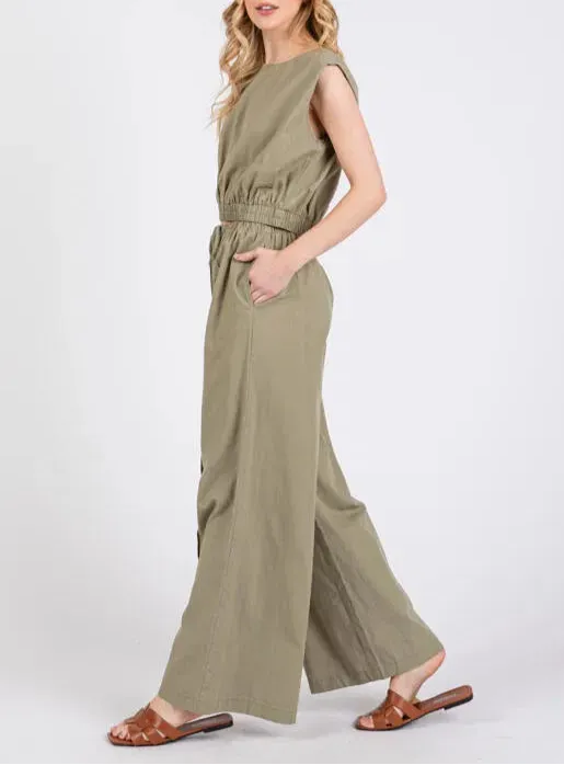 Meadow Bliss Linen Short Sleeve and Wide Leg Set in Sage