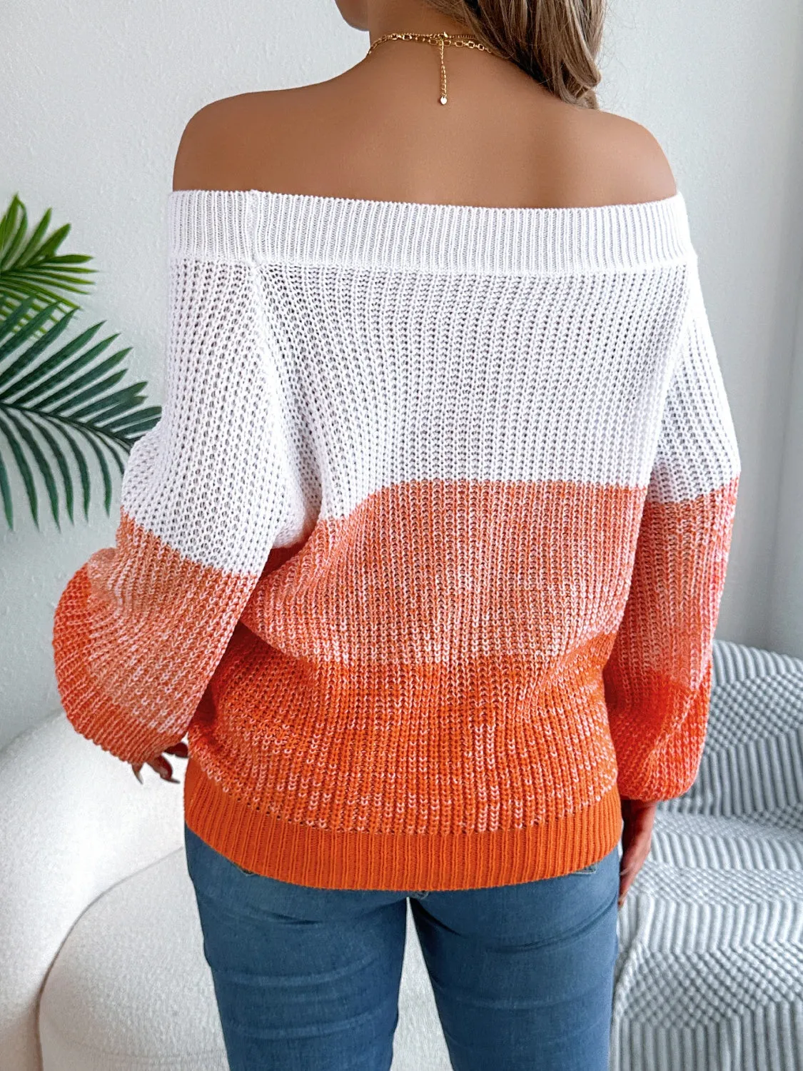 Megan Color Block Off-Shoulder Long Sleeve Sweater