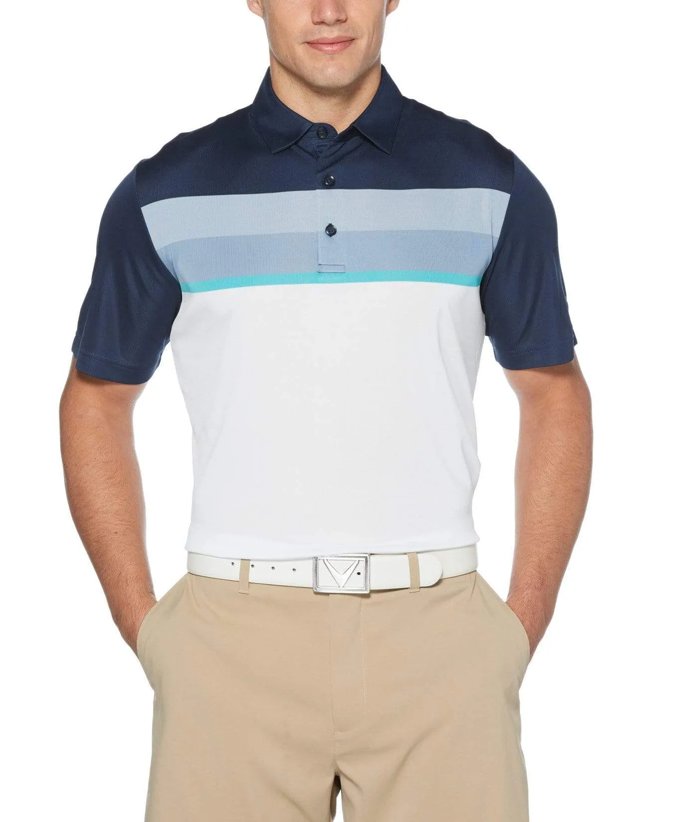 Mens Birdseye Color Block Chest Stripe Polo