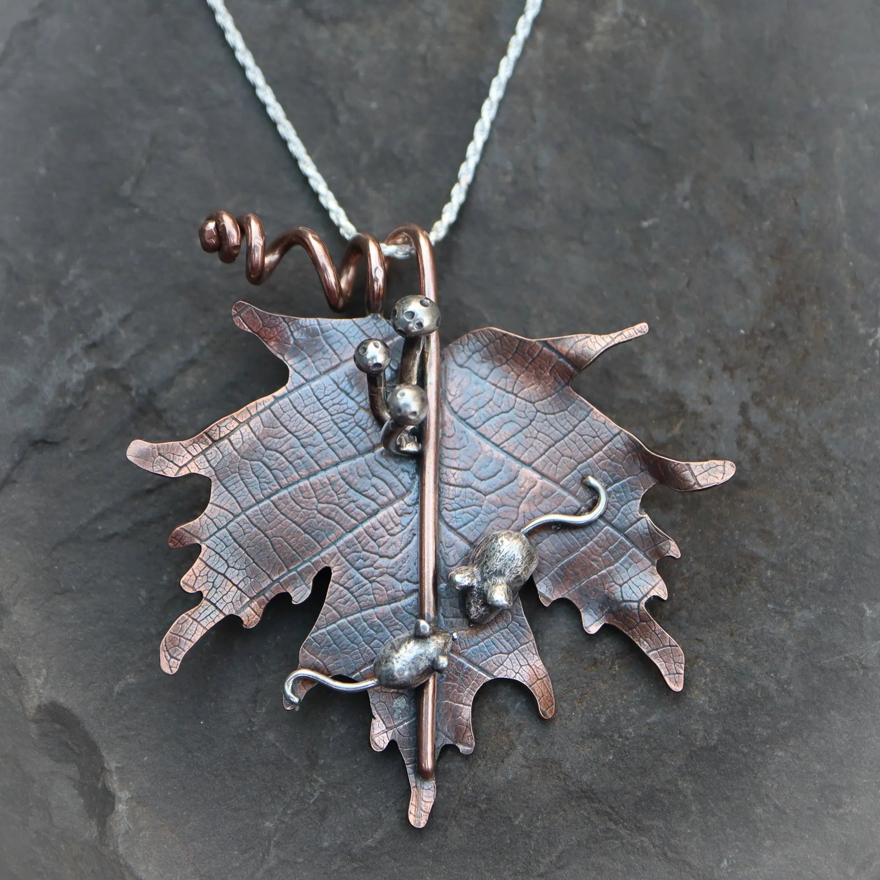 Mother and Baby Mouse Maple Leaf Necklace