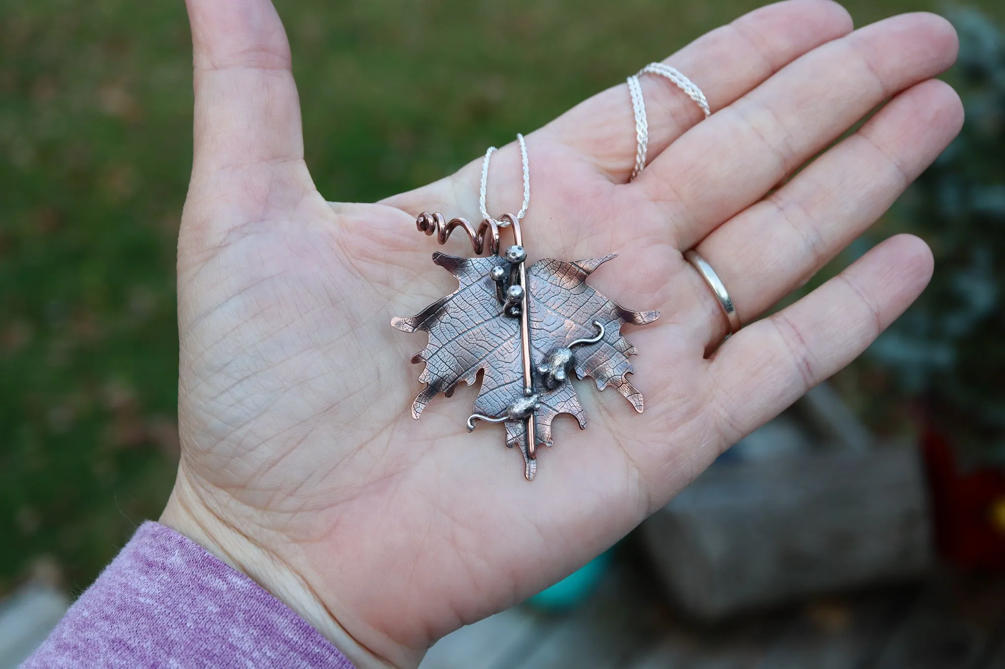 Mother and Baby Mouse Maple Leaf Necklace