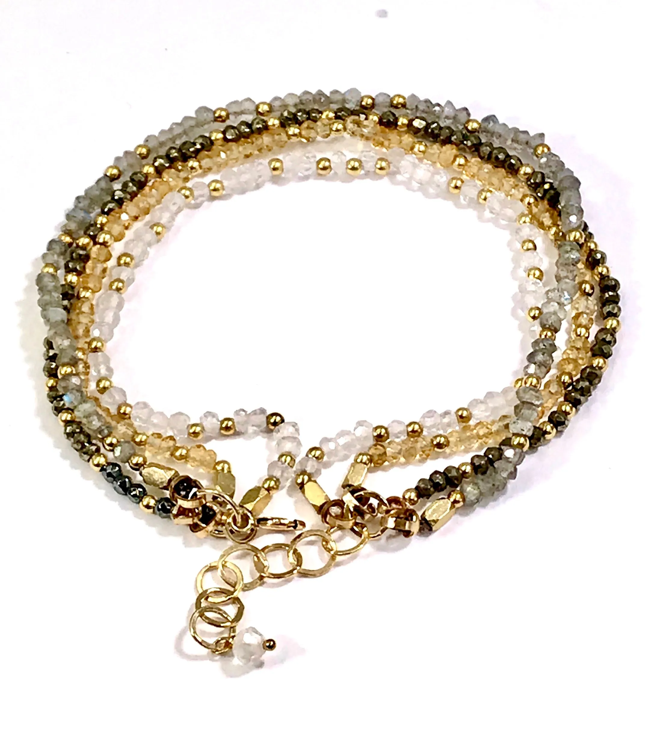 Multi-strand Gemstone Dainty Beaded Bracelet Citrine Labradorite Moonstone Pyrite