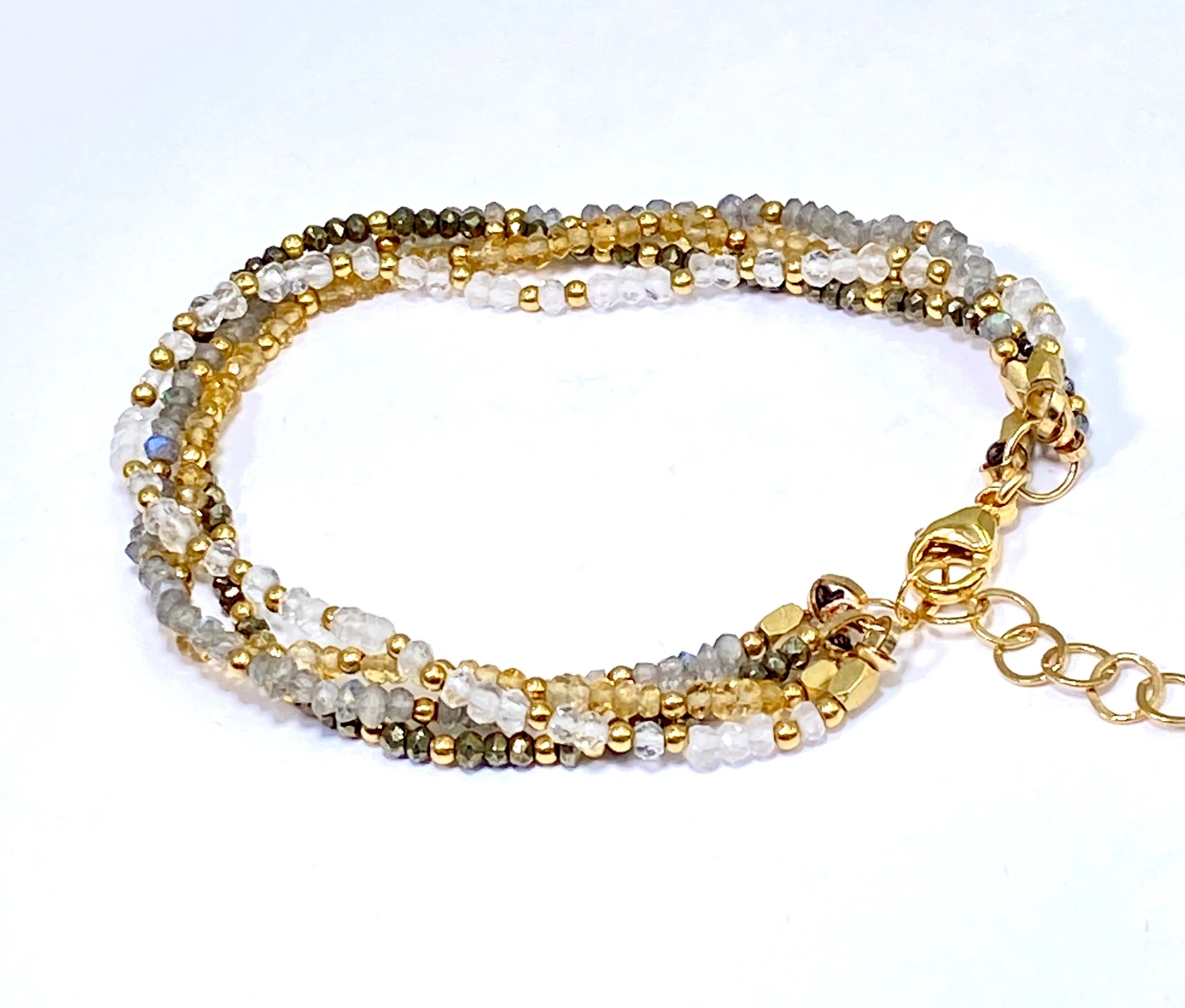 Multi-strand Gemstone Dainty Beaded Bracelet Citrine Labradorite Moonstone Pyrite