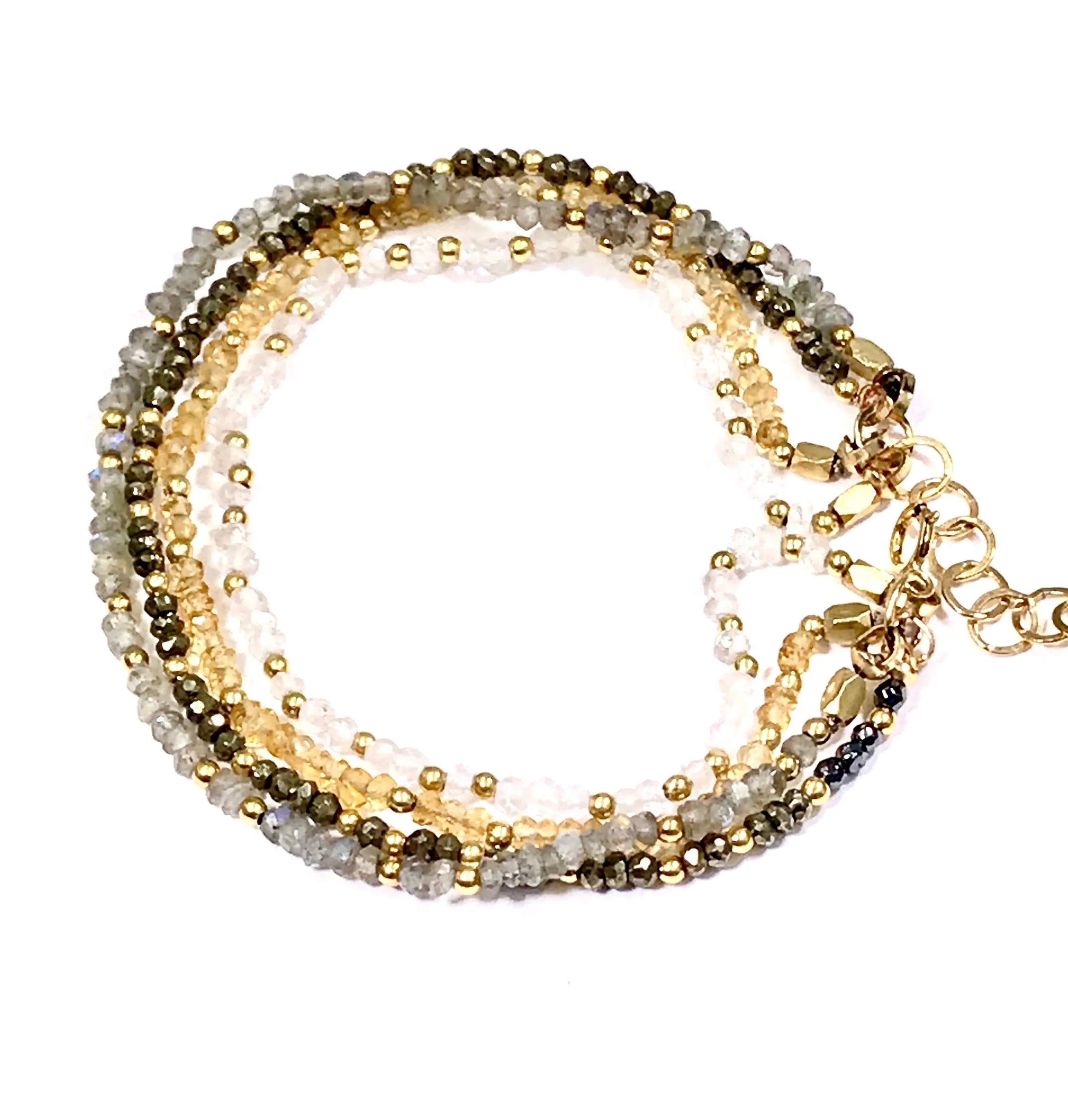 Multi-strand Gemstone Dainty Beaded Bracelet Citrine Labradorite Moonstone Pyrite