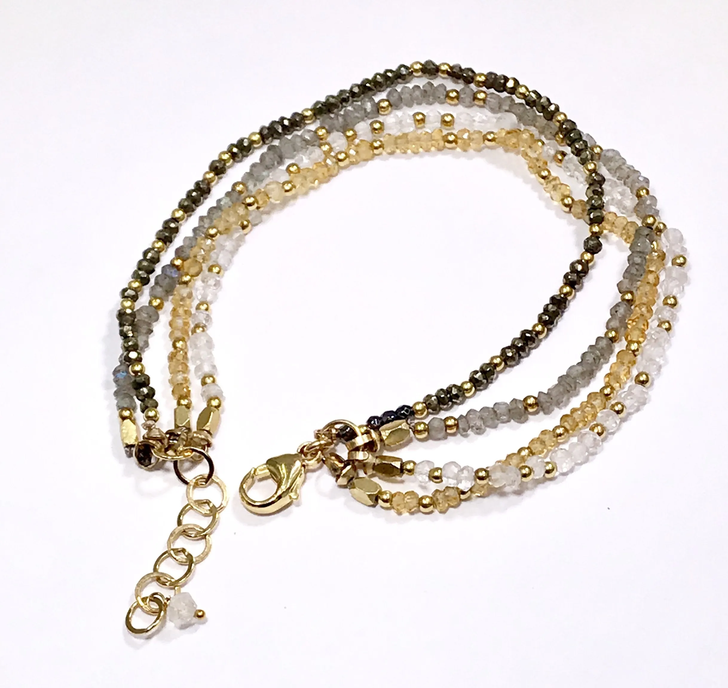 Multi-strand Gemstone Dainty Beaded Bracelet Citrine Labradorite Moonstone Pyrite