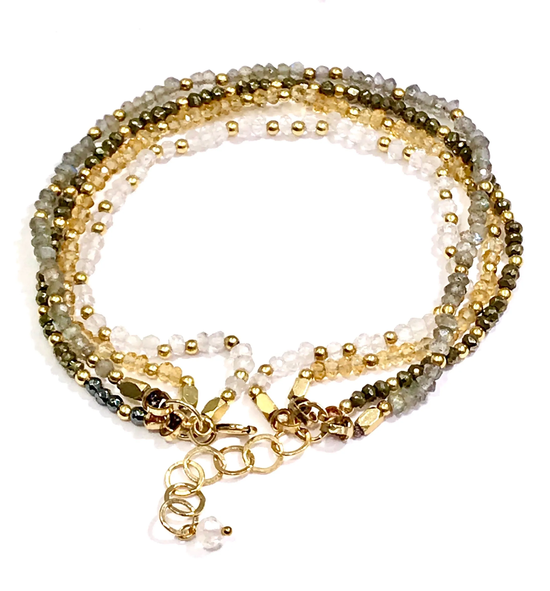 Multi-strand Gemstone Dainty Beaded Bracelet Citrine Labradorite Moonstone Pyrite