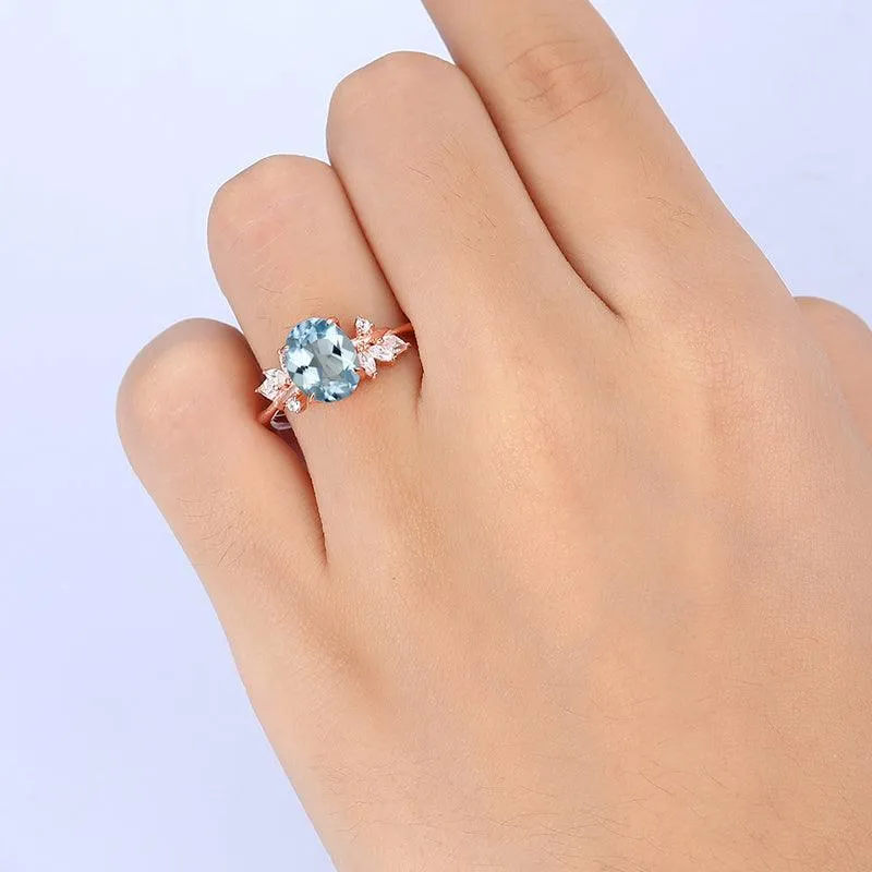 Nature Inspired Aquamarine Sliver Art Deco Leaf Stackable Engagement Ring