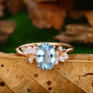Nature Inspired Aquamarine Sliver Art Deco Leaf Stackable Engagement Ring