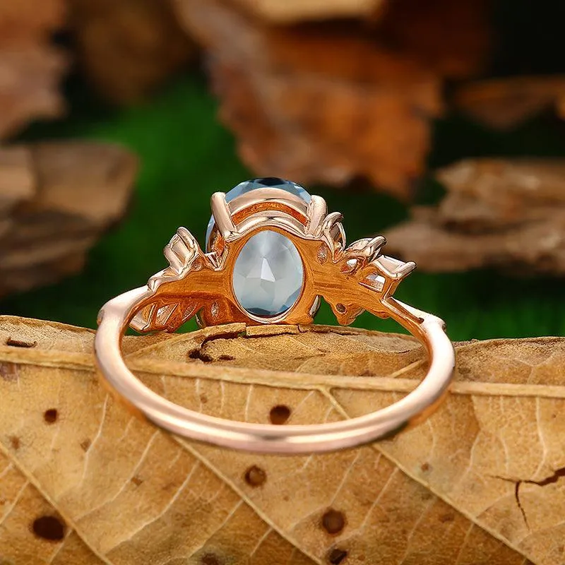 Nature Inspired Aquamarine Sliver Art Deco Leaf Stackable Engagement Ring