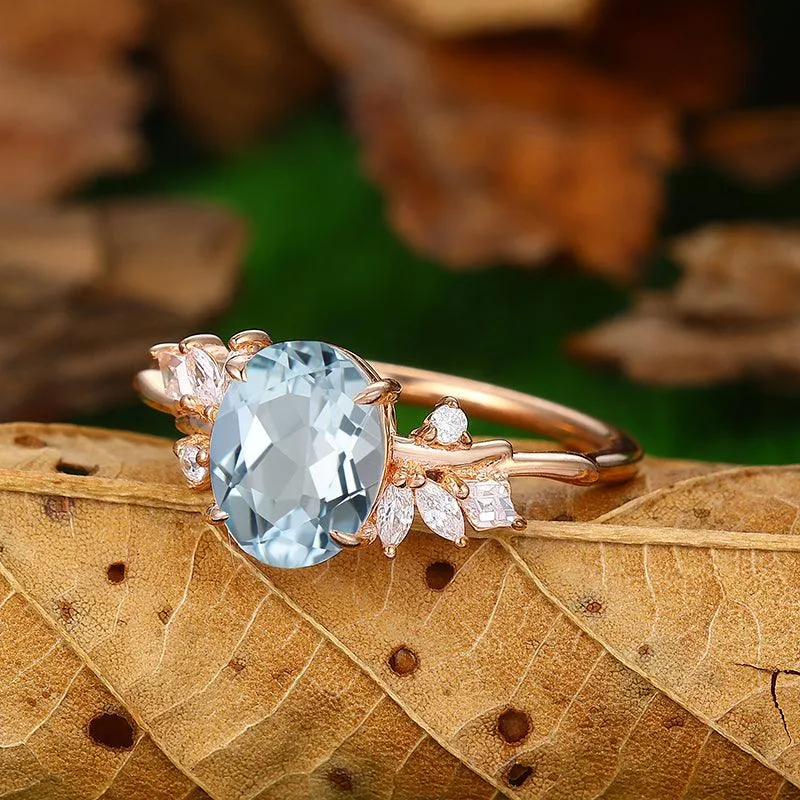 Nature Inspired Aquamarine Sliver Art Deco Leaf Stackable Engagement Ring