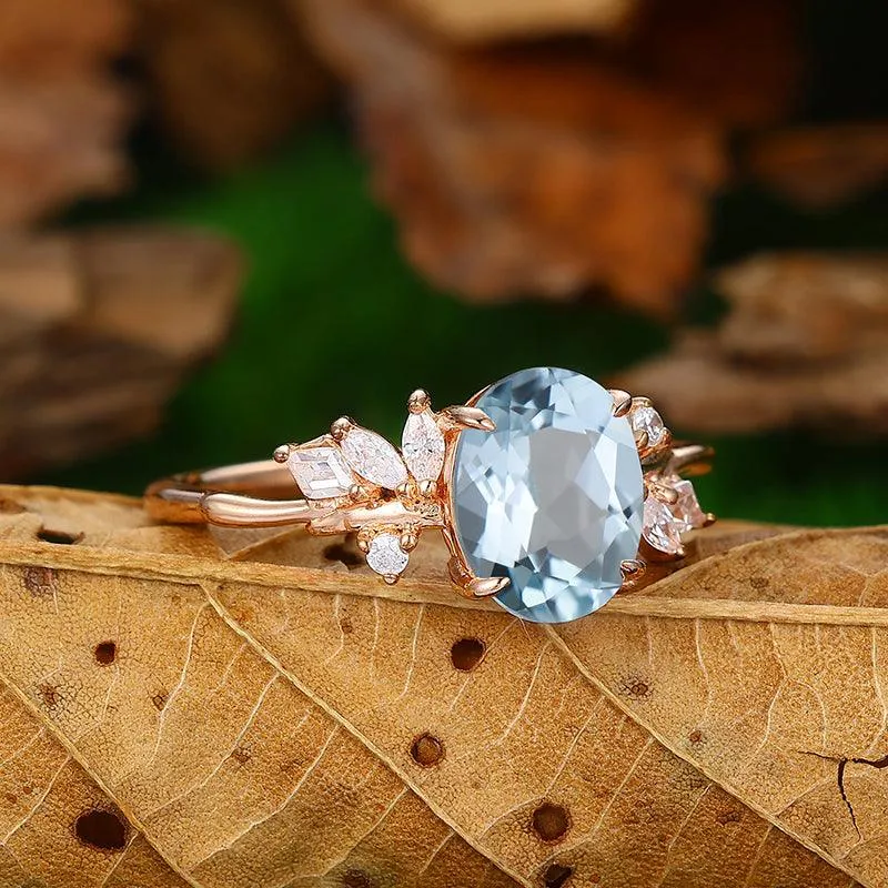 Nature Inspired Aquamarine Sliver Art Deco Leaf Stackable Engagement Ring