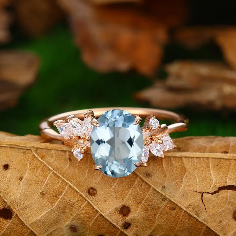 Nature Inspired Aquamarine Sliver Art Deco Leaf Stackable Engagement Ring