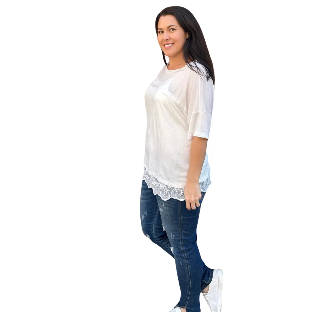 Off White Lace Tank Top Extender with Built in Shelf Bra