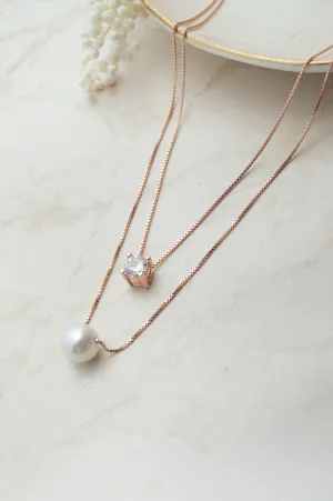 Pearl & Solitaire Together Two Layer  Rose Gold Plated Sterling Silver Chain Necklace