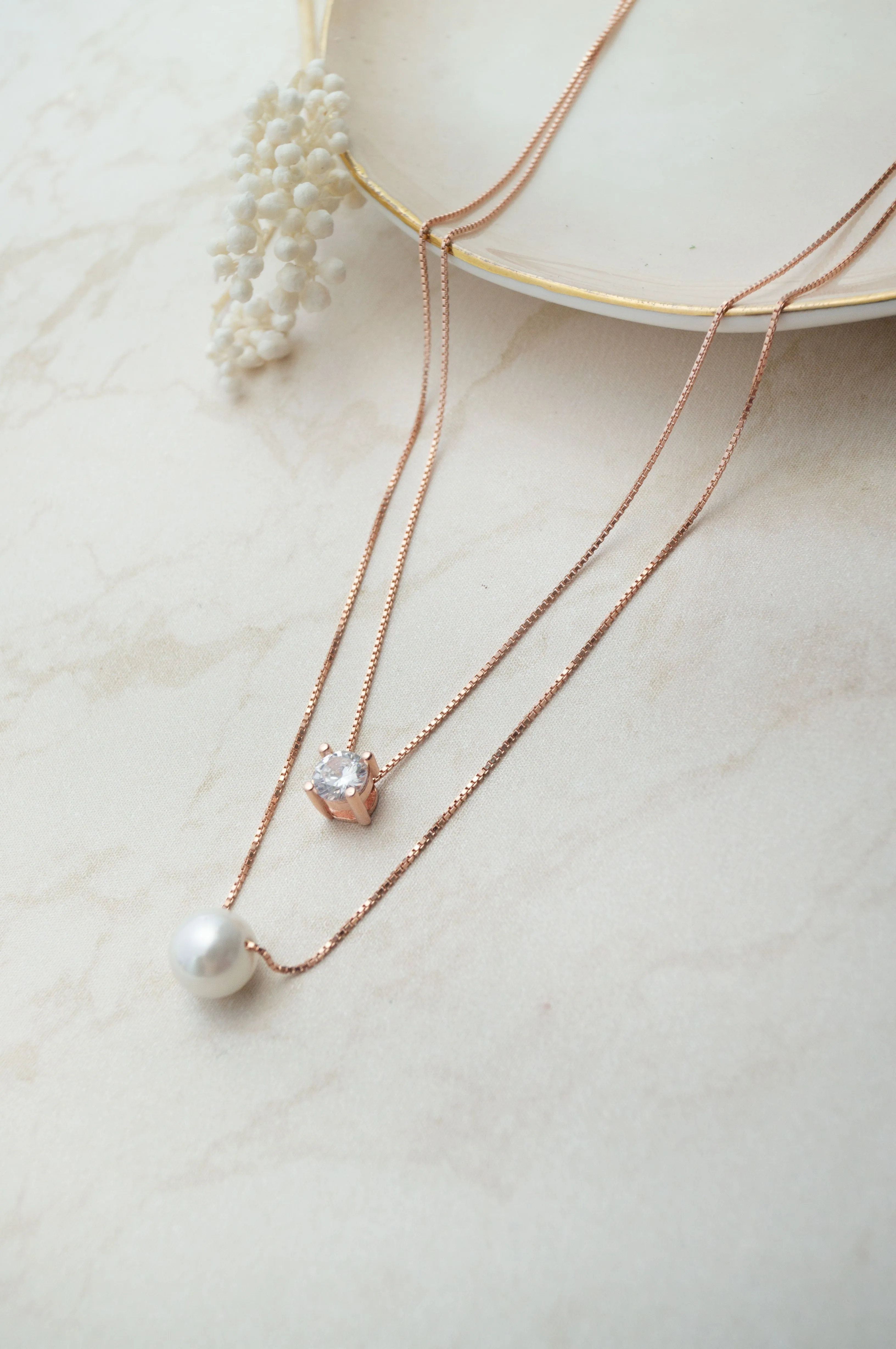 Pearl & Solitaire Together Two Layer  Rose Gold Plated Sterling Silver Chain Necklace