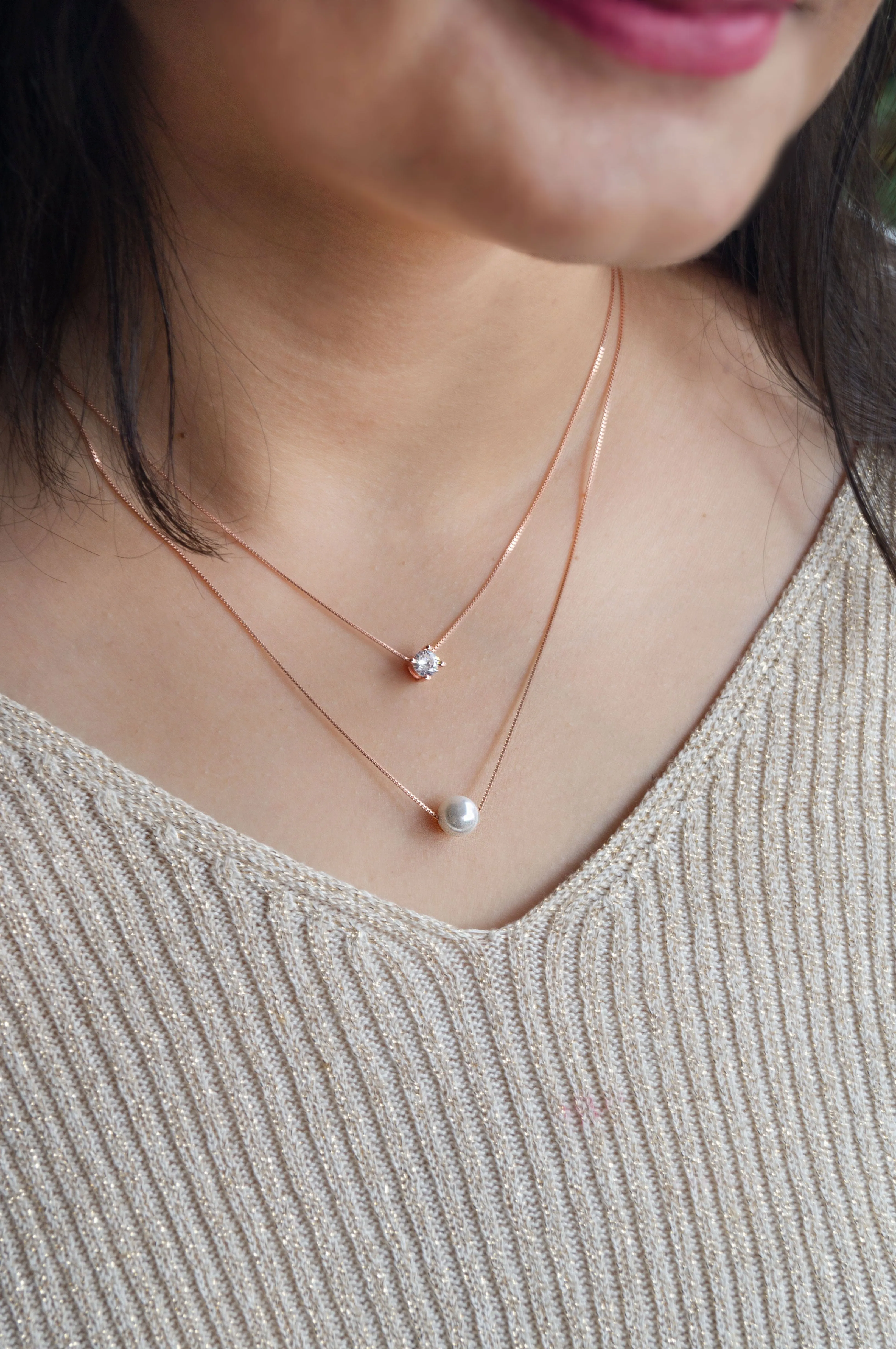 Pearl & Solitaire Together Two Layer  Rose Gold Plated Sterling Silver Chain Necklace
